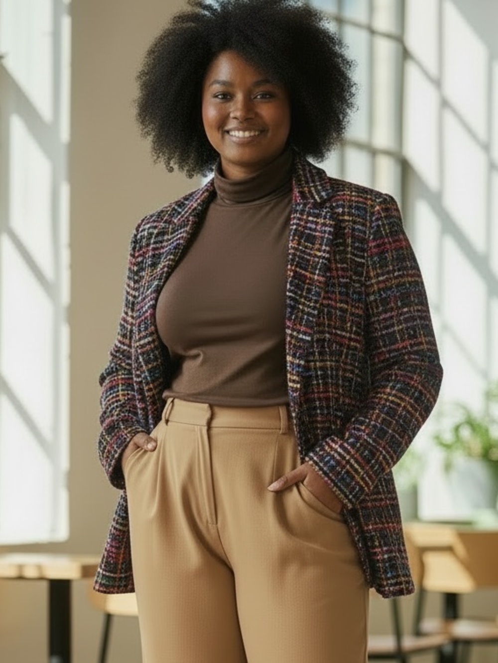 SUSAN GRAVER 2PC TWEED WINDOWPANE OVERSIZED JACKET & BROWN TURTLENECK SET SZ 3X